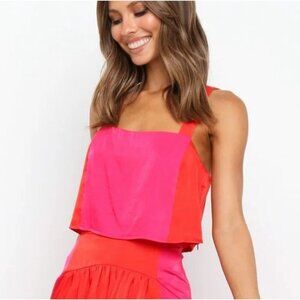 Petal & Pup Colorblock Pink Red Crop Top Women’s Size 2 Satin Square Neck Tank